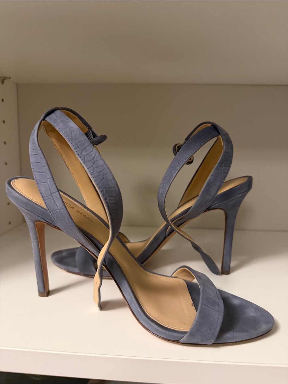 Veronica Beard Slate Blue Suede Strappy Stiletto Sandals